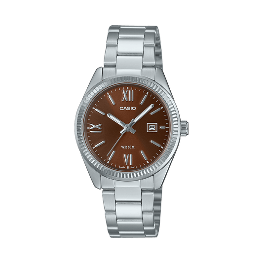 CASIO ENTICER LADIES LTP-1302DD-5AVDF BROWN ANALOG DIAL SILVER STAINLESS STEEL BAND A2362