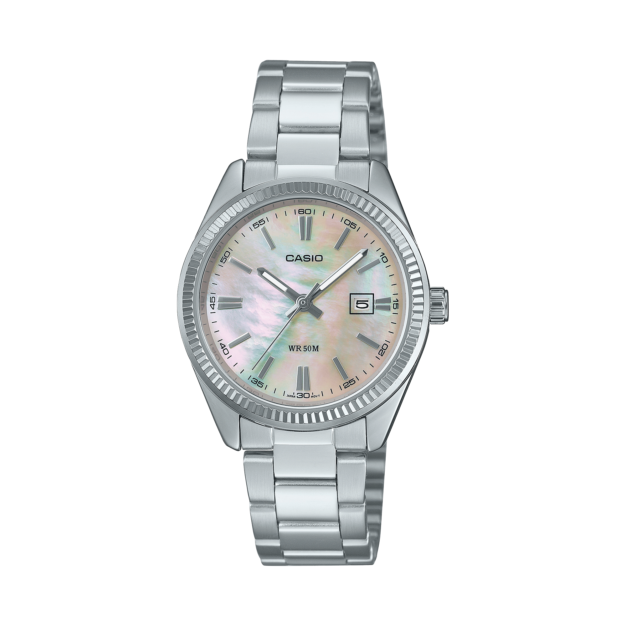 CASIO ENTICER LADIES LTP-1302DS-4AVDF WHITE ANALOG DIAL SILVER STAINLESS STEEL BAND A2364