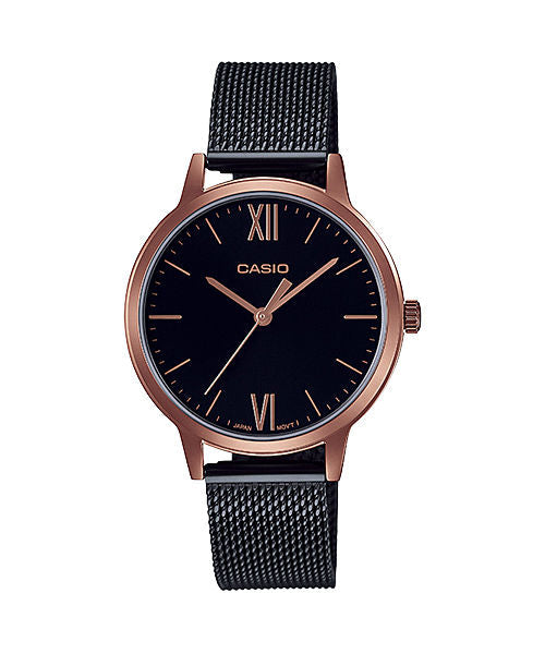 CASIO ENTICER LADIES LTP-E157MRB-1BDF ROSE GOLD ANALOG DIAL BLACK  STAINLESS STEEL MESH BAND A1791