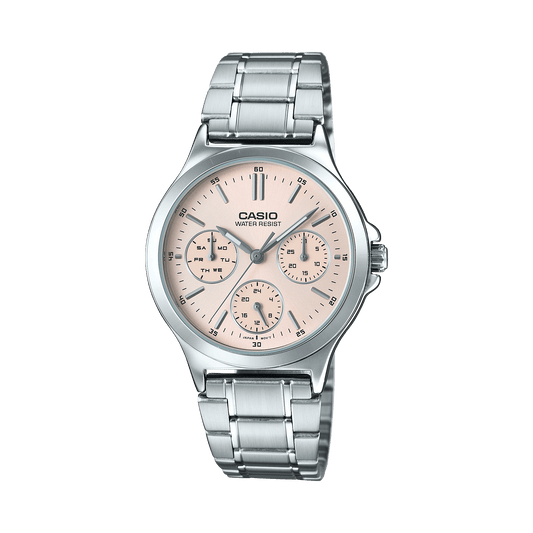 CASIO ENTICER LADIES LTP-V300D-4AUDF PINK ANALOG DIAL SILVER STAINLESS STEEL  BAND A1148