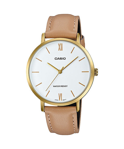 CASIO LTP-VT01GL-7BUDF GOLD IP WHITE ANALOG DIAL BROWN LEATHER BAND WOMEN'S WATCH A1786