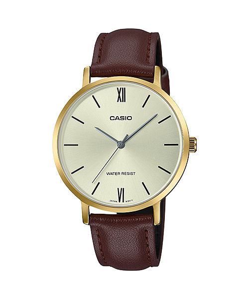 CASIO LTP-VT01GL-9BUDF GOLD IP WHITE ANALOG DIAL BROWN LEATHER BAND WOMEN'S WATCH A1787