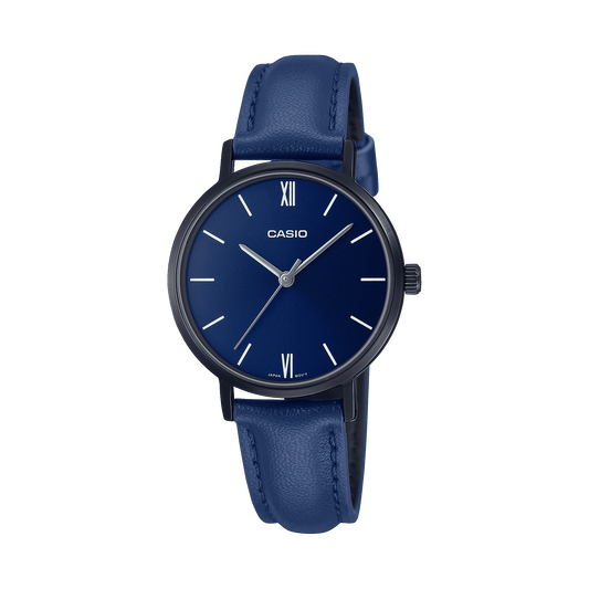 CASIO LTP-VT02BL-2AUDF BLACK IP BLUE ANALOG DIAL BLUE LEATHER BAND WOMEN'S WATCH A2001
