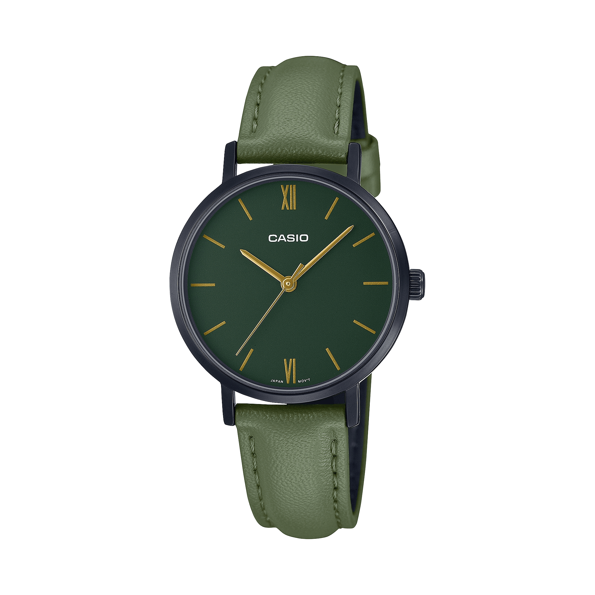 CASIO LTP-VT02BL-3AUDF BLACK IP GREEN  ANALOG DIAL GREEN LEATHER BAND WOMEN'S WATCH A2002