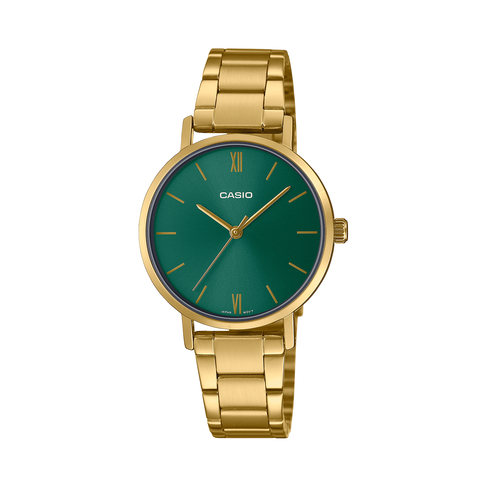 CASIO LTP-VT02G-3AUDF GOLD IP GREEN ANALOG DIAL GOLD STAINLESS STEEL BAND WOMEN'S WATCH A1999