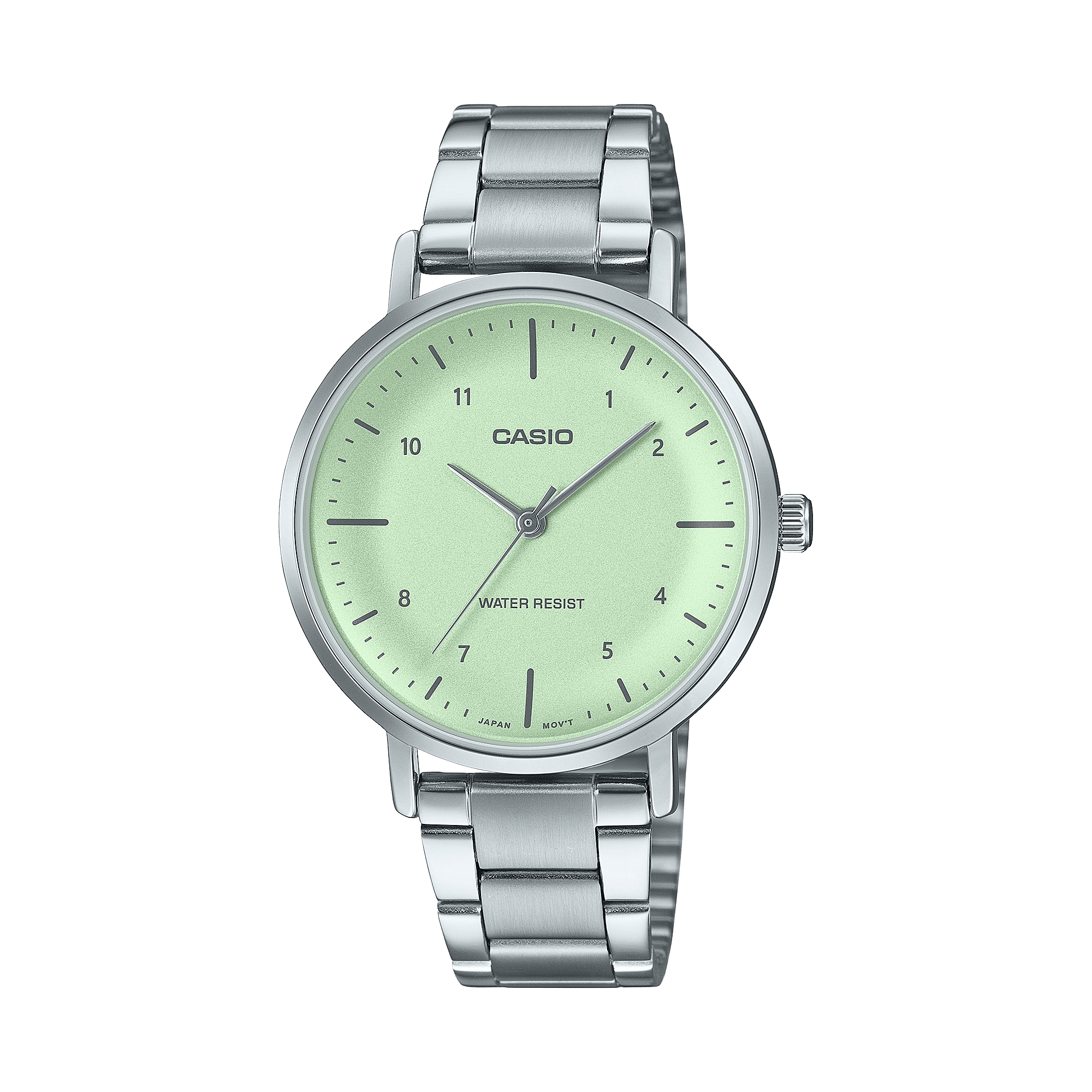 CASIO ENTICER LADIES LTP-VT03D-3BDF GREEN ANALOG DIAL SILVER STAINLESS STEEL BAND A2422