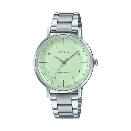 CASIO ENTICER LADIES LTP-VT03D-3BDF GREEN ANALOG DIAL SILVER STAINLESS STEEL BAND A2422