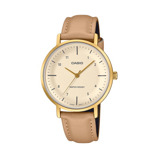 CASIO ENTICER LADIES LTP-VT03GL-4BDF GOLD ANALOG DIAL BROWN LEATHER BAND A2426