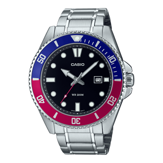 CASIO MDV-107D-1A3VDF BLACK-PINK-BLUE ANALOG DIAL SILVER STAINLESS STEEL BAND MEN'S WATCH A2191