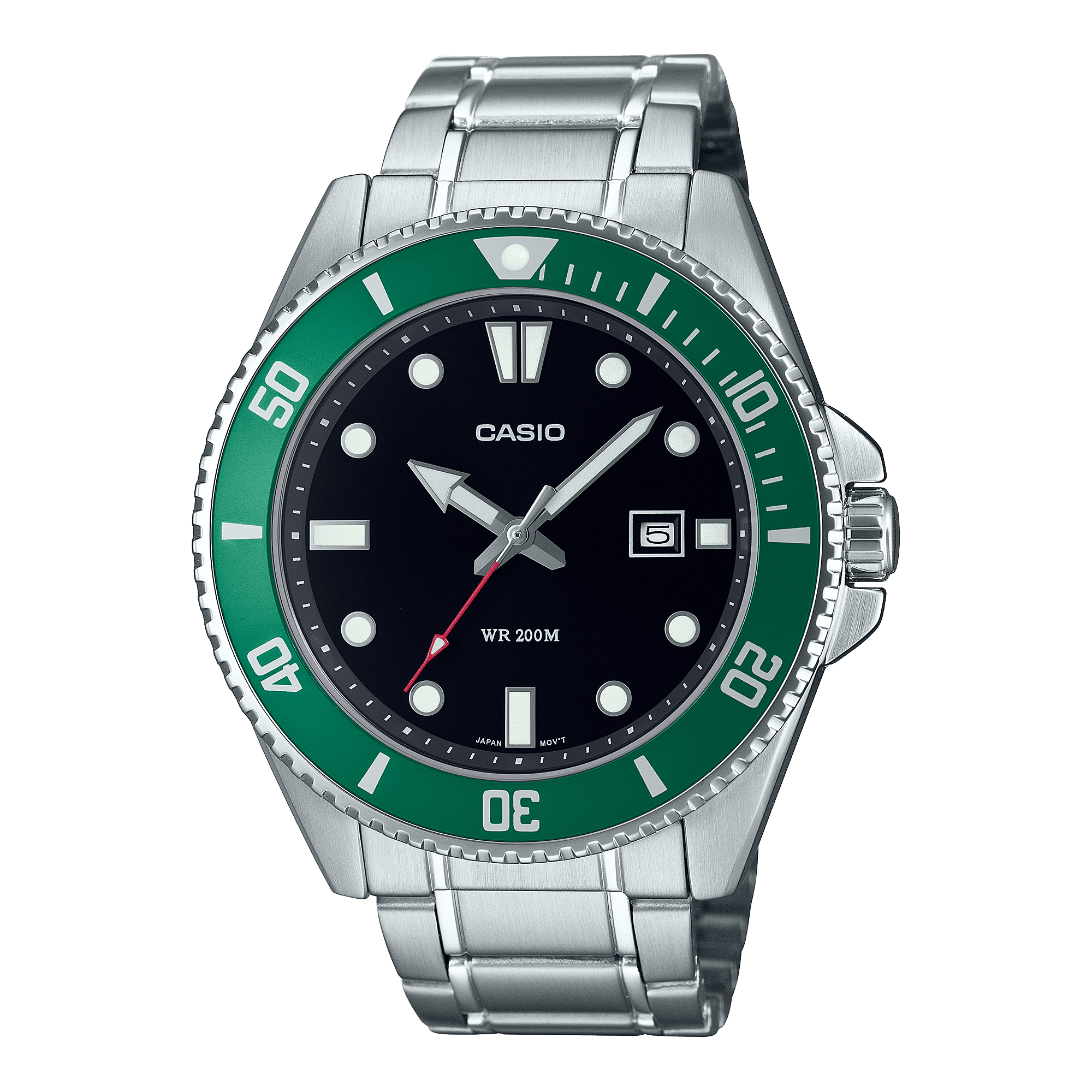 CASIO MDV-107D-3AVDF BLACK-GREEN ANALOG DIAL SILVER STAINLESS STEEL BAND MEN'S WATCH A2192