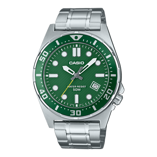 CASIO ENTICER MEN MTD-135D-3AVDF GREEN ANALOG DIAL SILVER STAINLESS STEEL BAND A2378