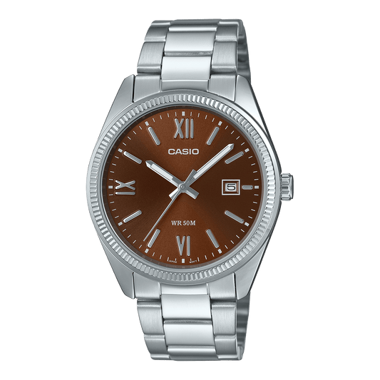 CASIO ENTICER MEN MTP-1302DD-5AVDF BROWN ANALOG DIAL SILVER STAINLESS STEEL BAND A2342