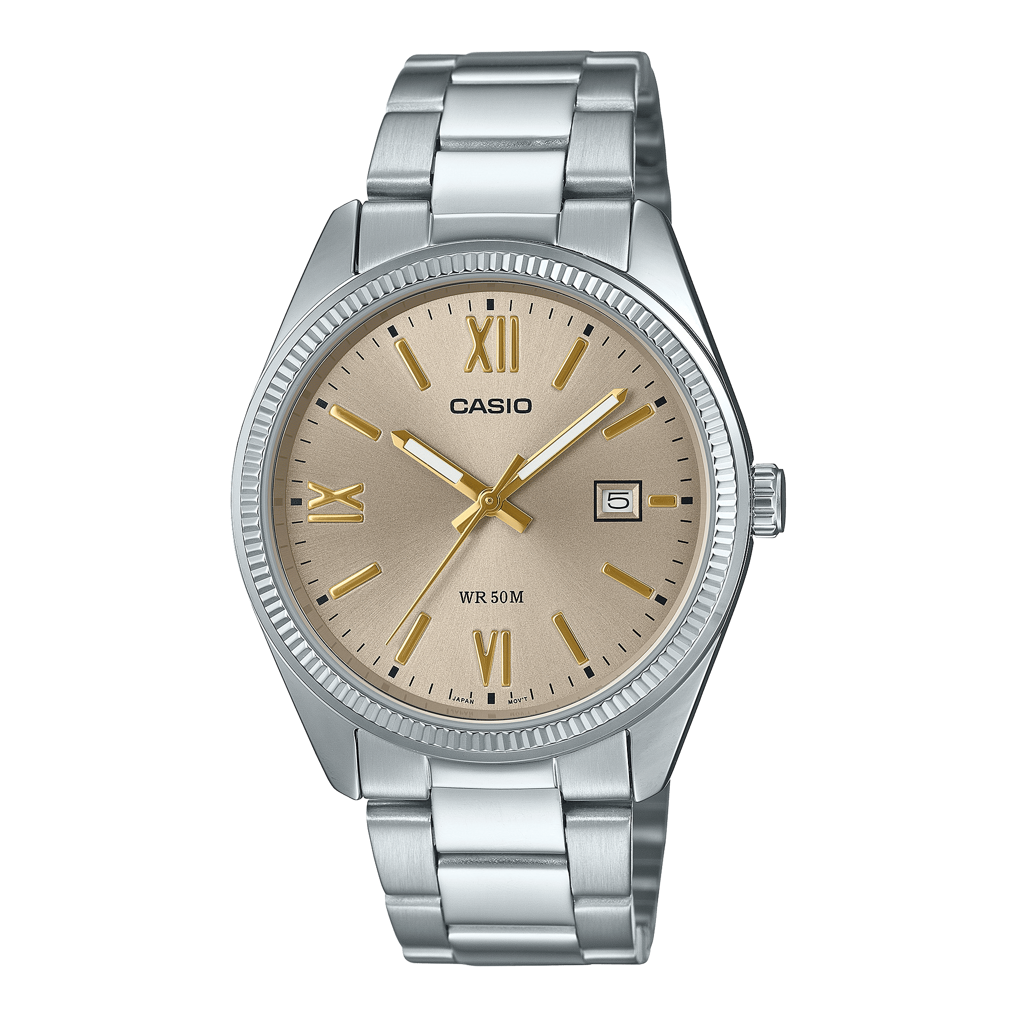 CASIO ENTICER MEN MTP-1302DD-9AVDF GOLDEN ANALOG DIAL SILVER STAINLESS STEEL BAND A2343