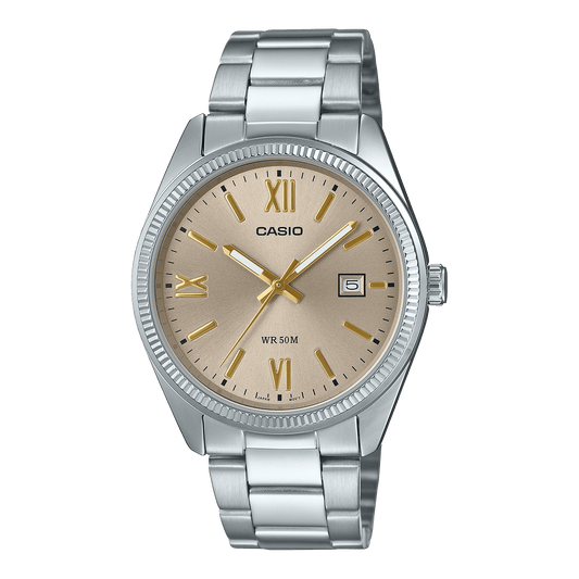 CASIO ENTICER MEN MTP-1302DD-9AVDF GOLDEN ANALOG DIAL SILVER STAINLESS STEEL BAND A2343