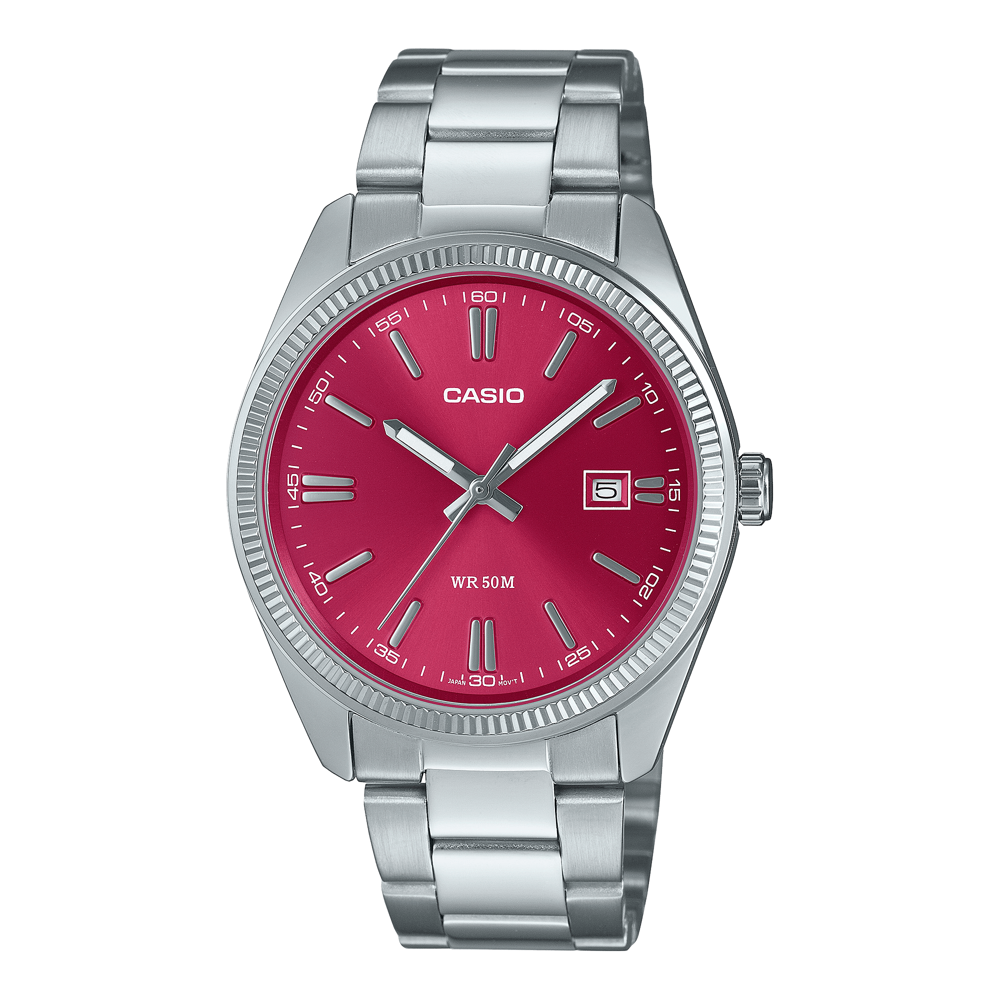 CASIO ENTICER MEN MTP-1302PD-4AVEF RED ANALOG DIAL SILVER STAINLESS STEEL BAND A2367