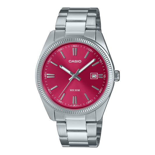 CASIO ENTICER MEN MTP-1302PD-4AVEF RED ANALOG DIAL SILVER STAINLESS STEEL BAND A2367
