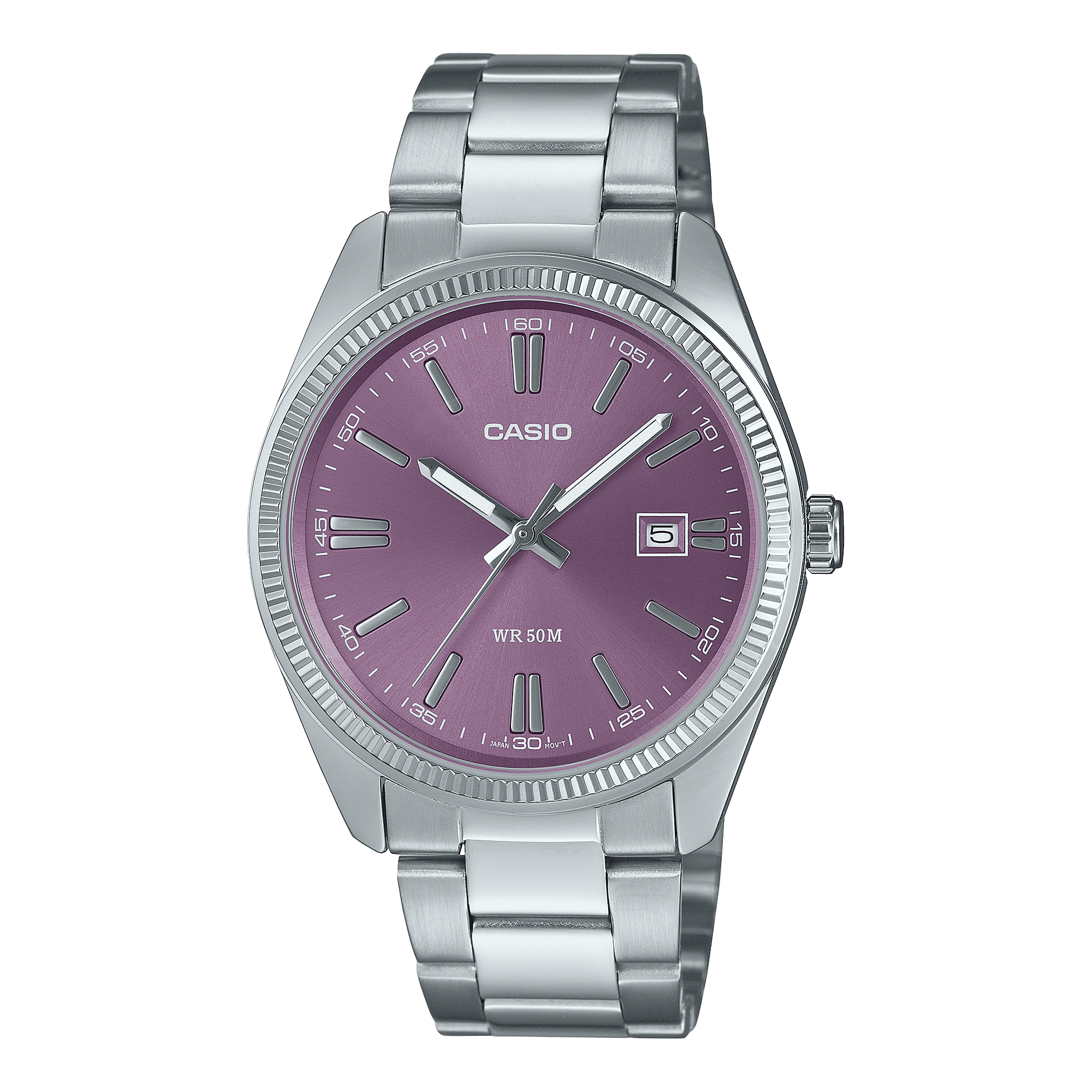 CASIO ENTICER MEN MTP-1302PD-6AVEF PURPLE ANALOG DIAL SILVER STAINLESS STEEL BAND A2368