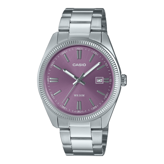 CASIO ENTICER MEN MTP-1302PD-6AVEF PURPLE ANALOG DIAL SILVER STAINLESS STEEL BAND A2368