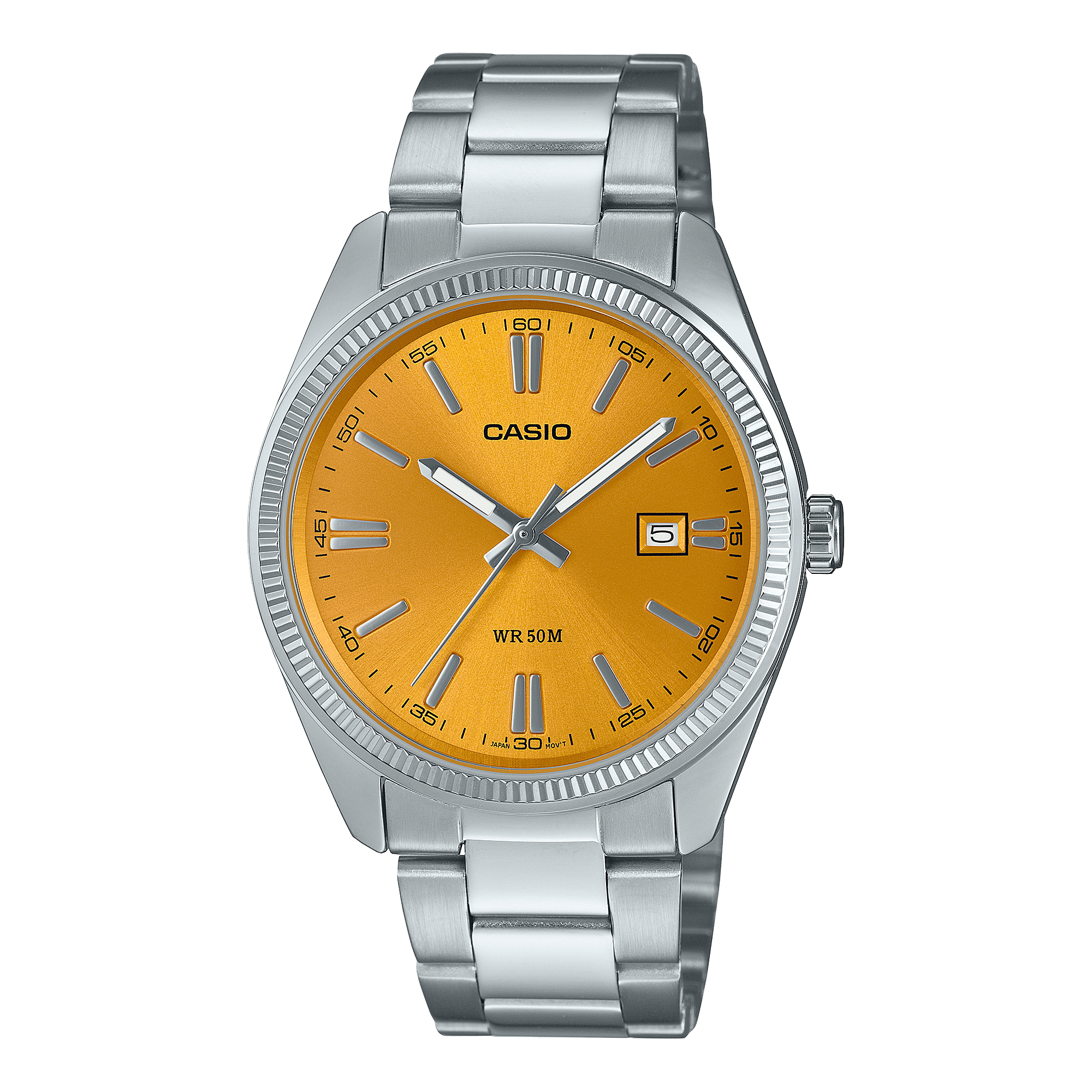 CASIO ENTICER MEN MTP-1302PD-9AVEF YELLOW ANALOG DIAL SILVER STAINLESS STEEL BAND A2369