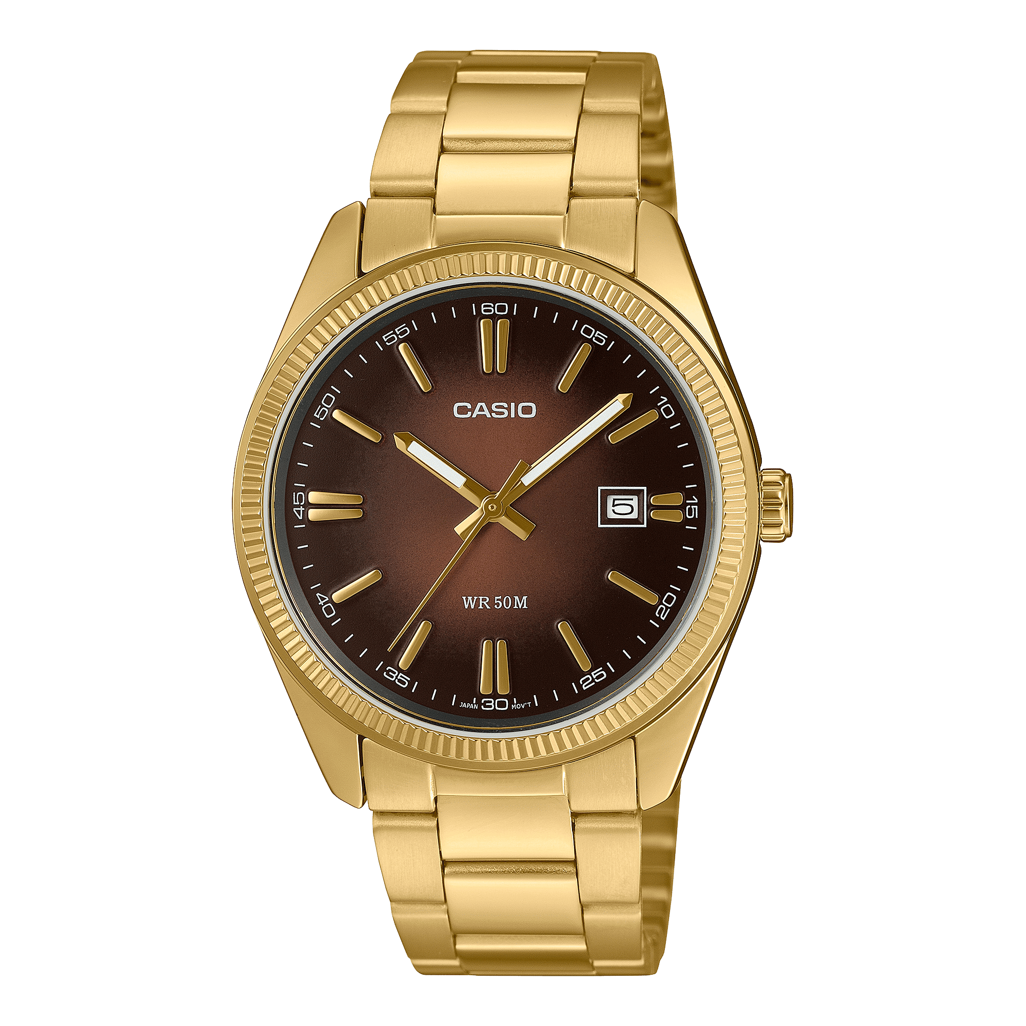 CASIO ENTICER MEN MTP-1302PGC-5AVEF BROWN ANALOG DIAL GOLD STAINLESS STEEL BAND A2375
