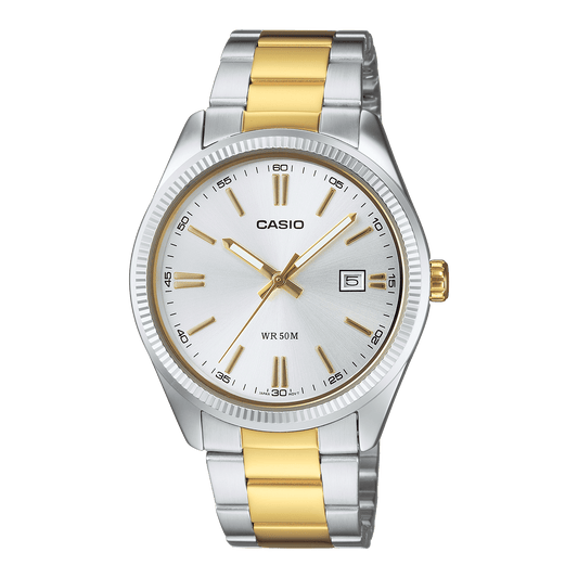 CASIO ENTICER MEN MTP-1302PSG-7AVEF SILVER ANALOG DIAL TWO-TONE STAINLESS STEEL BAND A2370