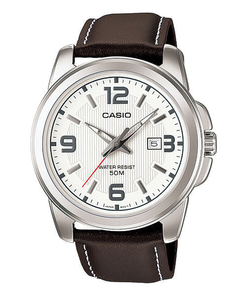 CASIO MTP-1314L-7AVDF WHITE ANALOG DIAL BROWN LEATHER BAND MEN'S WATCH A553