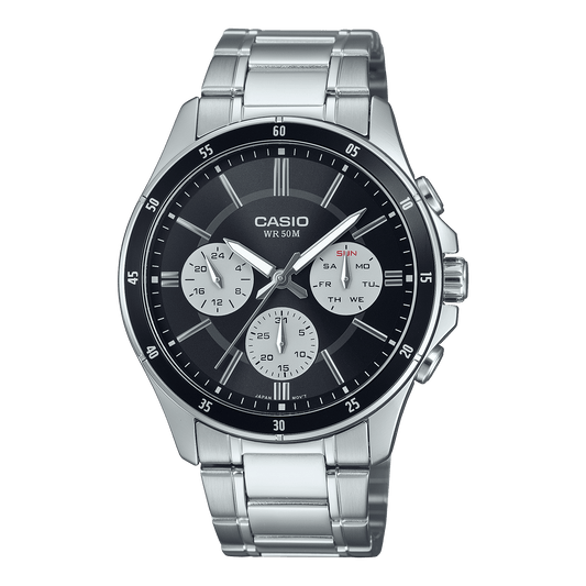 CASIO ENTICER MEN MTP-1374D-1A3VDF BLACK ANALOG DIAL SILVER STAINLESS STEEL  BAND A2345