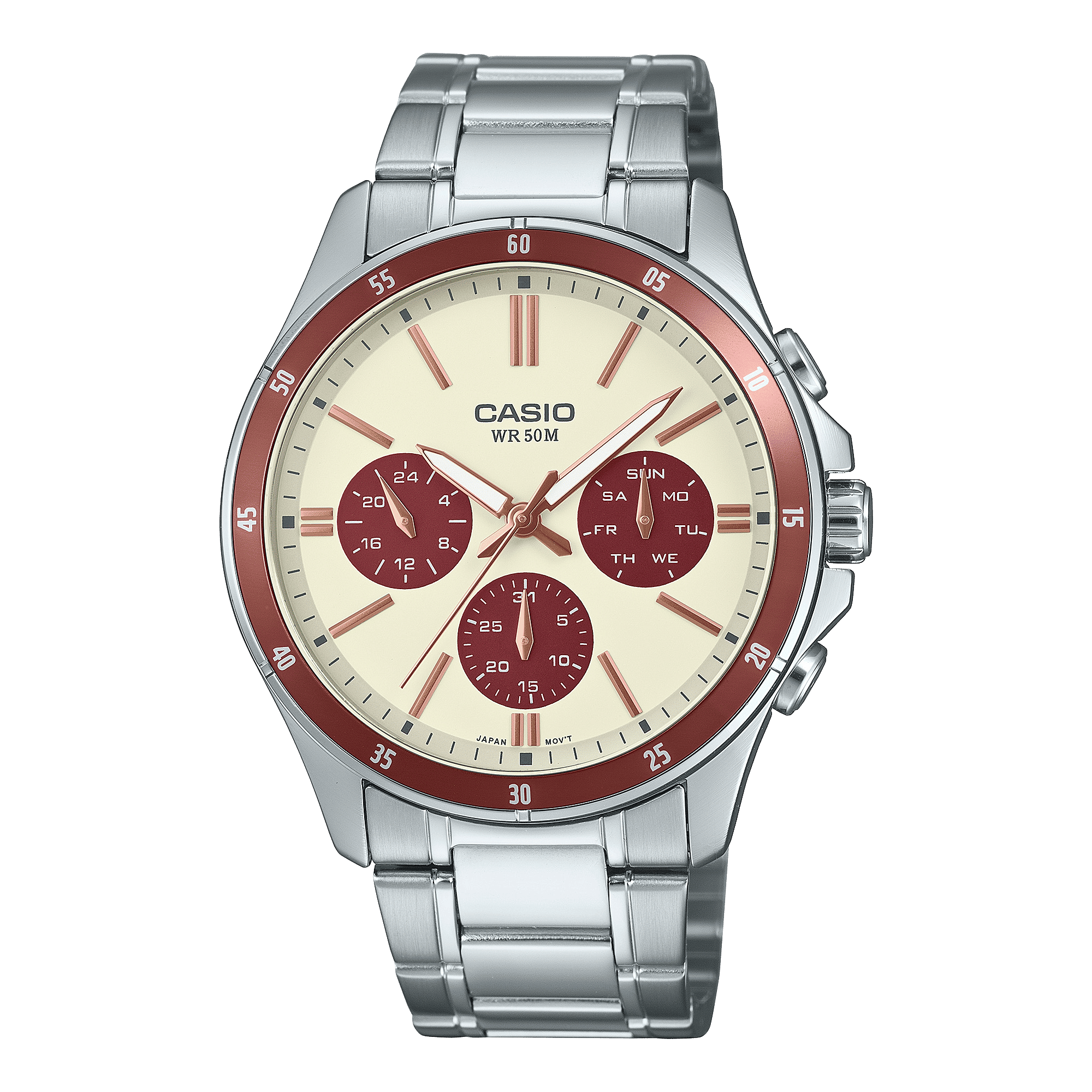 CASIO ENTICER MEN MTP-1374D-5A2VDF CREAM ANALOG DIAL SILVER STAINLESS STEEL  BAND A2347