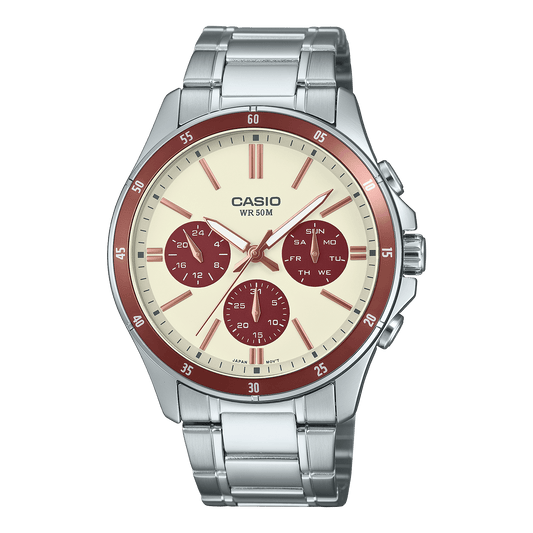 CASIO ENTICER MEN MTP-1374D-5A2VDF CREAM ANALOG DIAL SILVER STAINLESS STEEL  BAND A2347