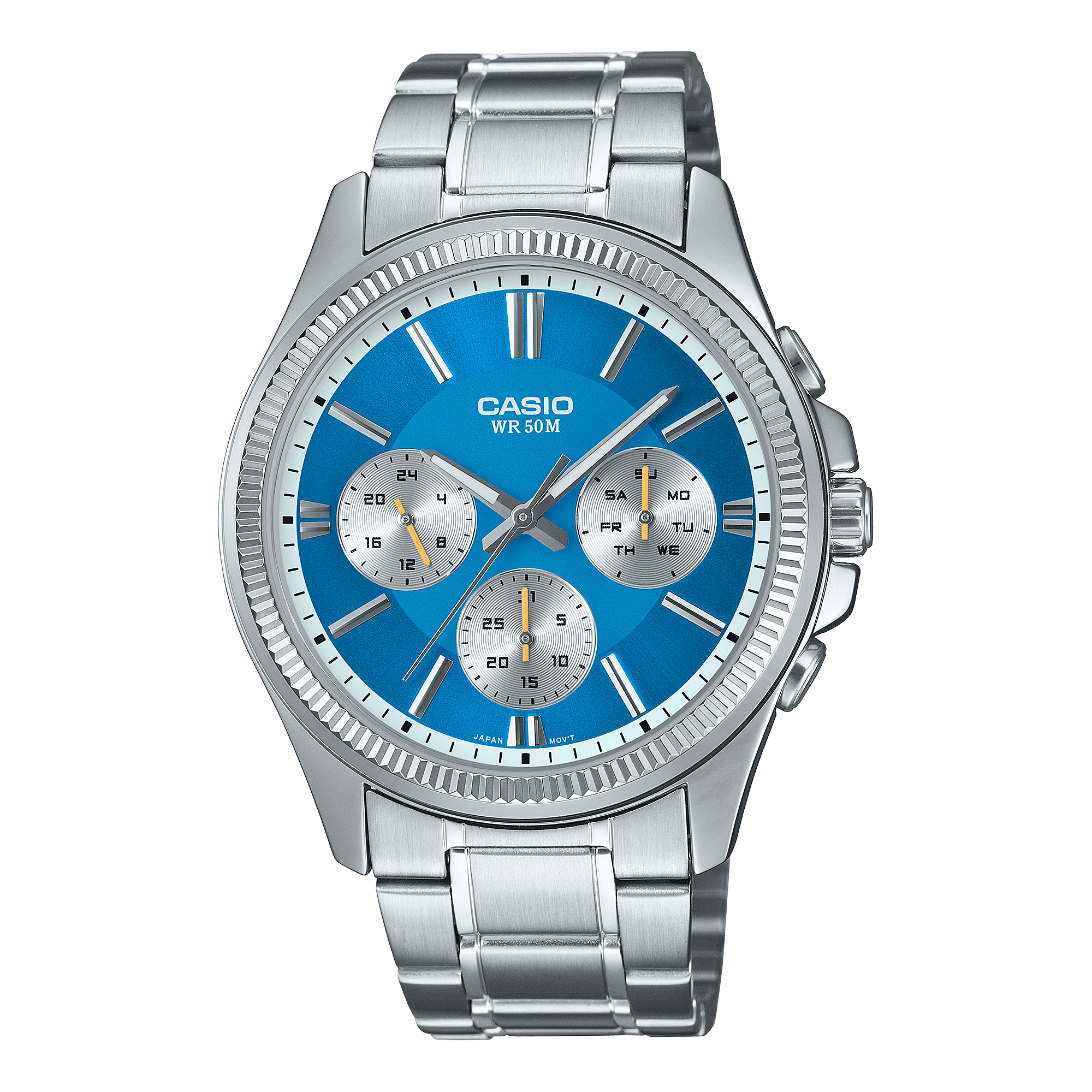 CASIO MTP-1375D-2A2VDF TURQUOISE BLUE ANALOG DIAL SILVER STAINLESS STEEL BAND MEN'S WATCH A2229