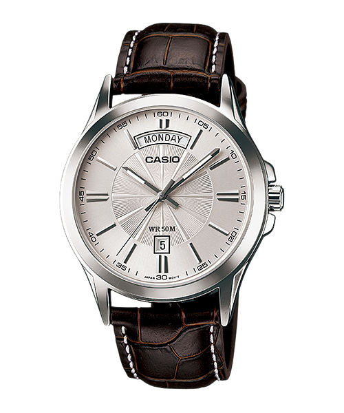 CASIO MTP-1381L-7AVDF SILVER ANALOG DIAL BROWN LEATHER BAND MEN'S WATCH A845