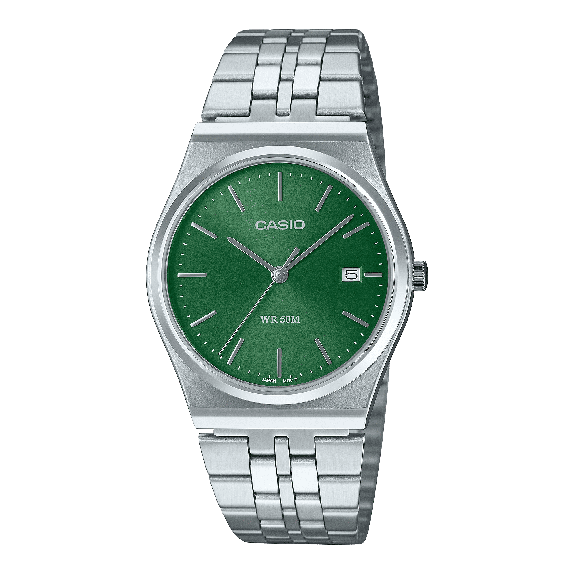 CASIO MTP-B145D-3AVDF GREEN ANALOG DIAL SILVER STAINLESS STEEL BAND MEN'S WATCH A2236