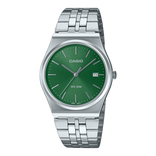 CASIO MTP-B145D-3AVDF GREEN ANALOG DIAL SILVER STAINLESS STEEL BAND MEN'S WATCH A2236