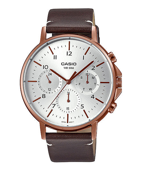 CASIO MTP-E321RL-5AVDF ROSE GOLD IP WHITE ANALOG DIAL BROWN LEATHER BAND MEN'S WATCH A1850