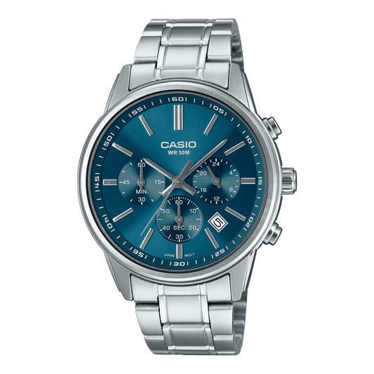 CASIO MTP-E515D-2A1VDF BLUE ANALOG DIAL SILVER STAINLESS STEEL BAND MEN'S WATCH A2308