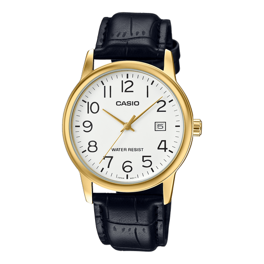CASIO MTP-V002GL-7B2UDF GOLD IP WHITE ANALOG DIAL BLACK LEATHER BAND MEN'S WATCH A2314