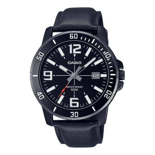 CASIO MTP-VD01BL-1BVUDF BLACK IP ANALOG DIAL BLACK LEATHER BAND MEN'S WATCH A1981