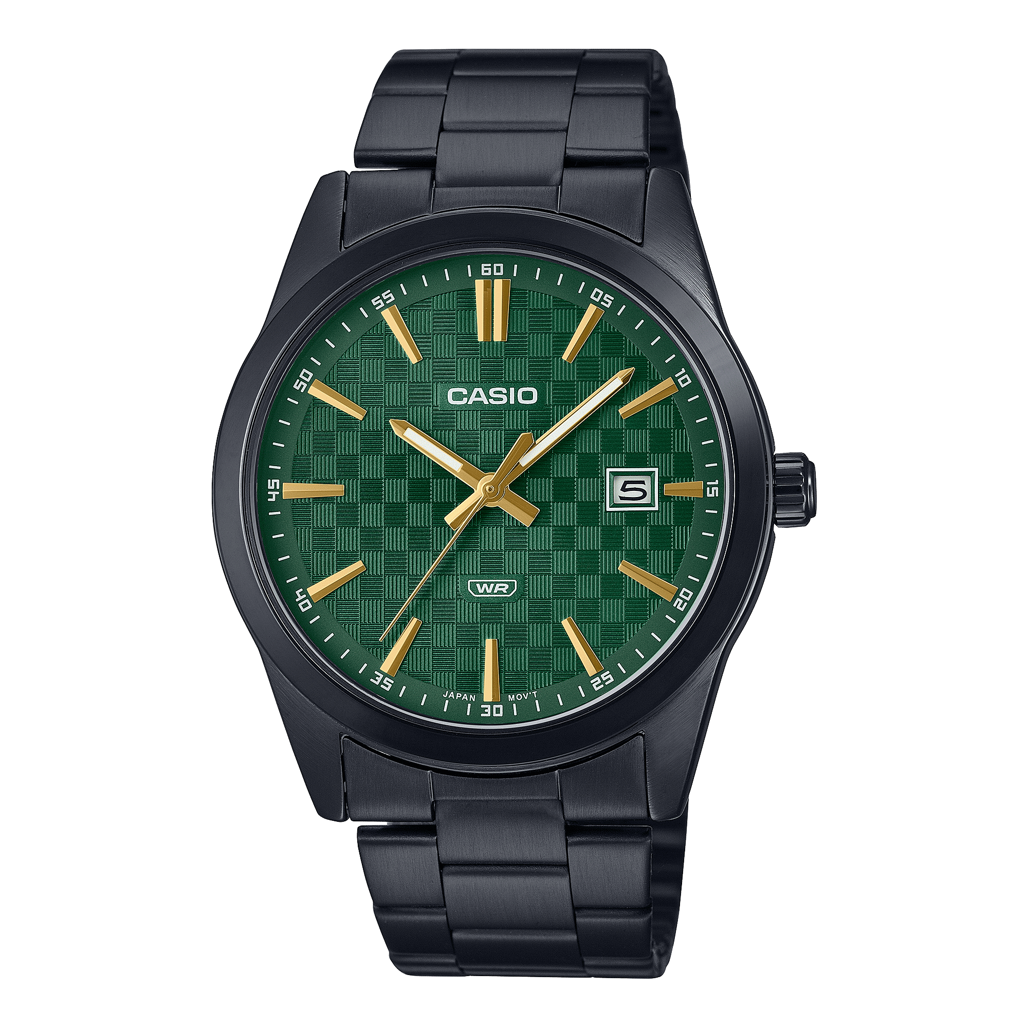 CASIO MTP-VD03B-3AUDF BLACK IP GREEN ANALOG DIAL BLACK IP STAINLESS STEEL BAND MEN'S WATCH A2240
