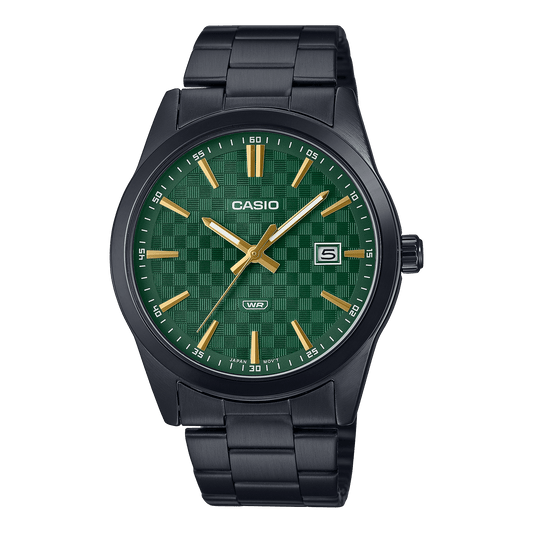CASIO MTP-VD03B-3AUDF BLACK IP GREEN ANALOG DIAL BLACK IP STAINLESS STEEL BAND MEN'S WATCH A2240