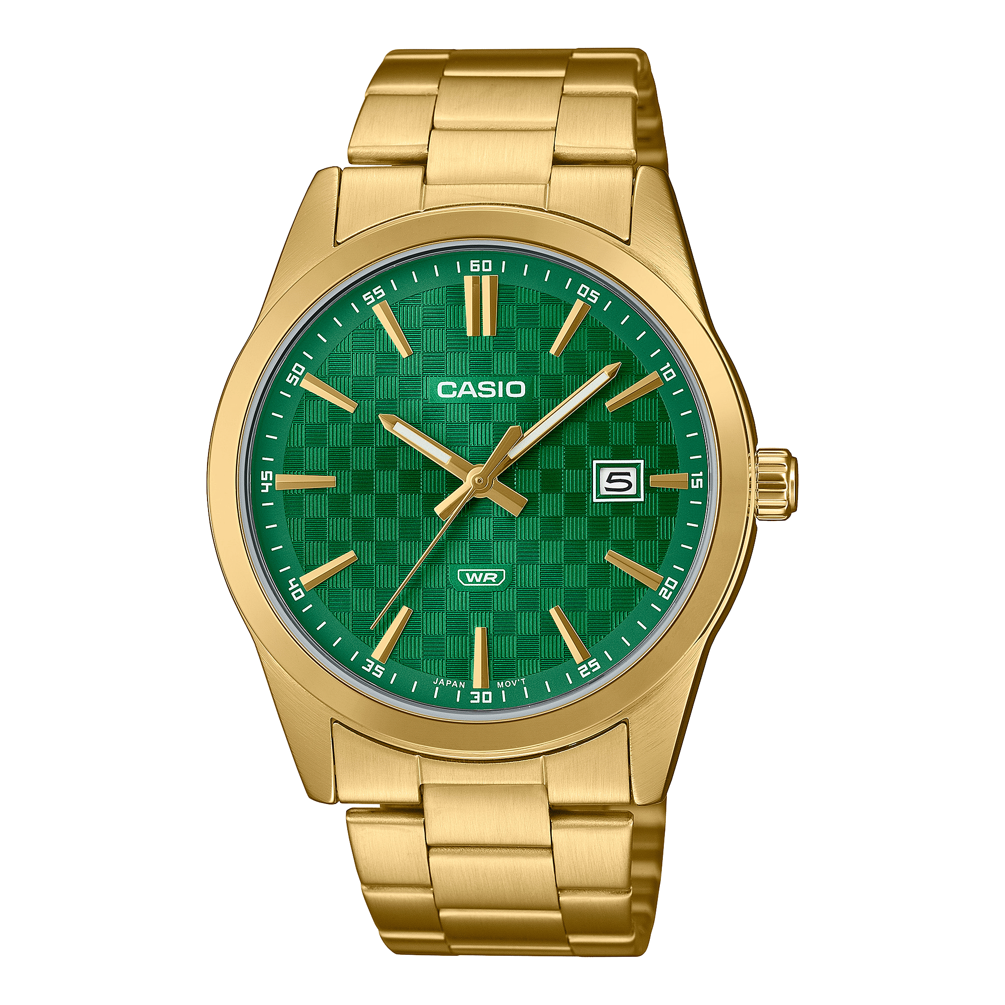 CASIO MTP-VD03G-3AUDF GOLD IP GREEN ANALOG DIAL GOLD IP STAINLESS STEEL BAND MEN'S WATCH A2246