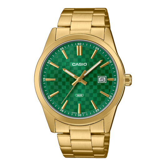 CASIO MTP-VD03G-3AUDF GOLD IP GREEN ANALOG DIAL GOLD IP STAINLESS STEEL BAND MEN'S WATCH A2246