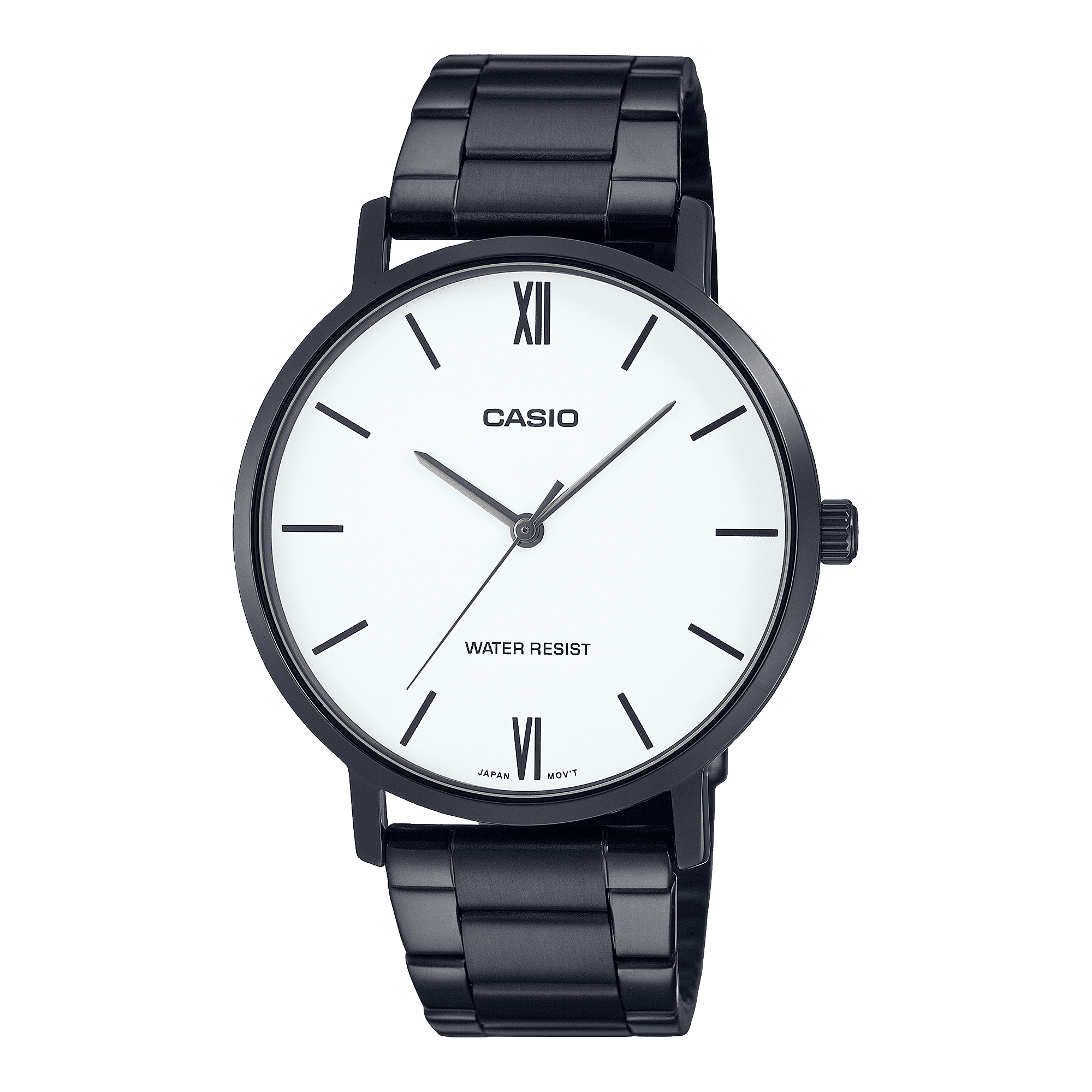CASIO MTP-VT01B-7BUDF BLACK IP WHITE ANALOG DIAL BLACK IP STAINLESS STEEL BAND MEN'S WATCH A1975