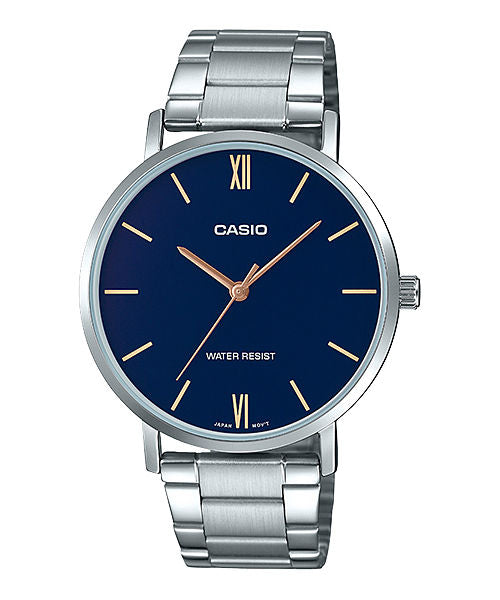 CASIO MTP-VT01D-2BUDF BLUE ANALOG DIAL SILVER STAINLESS STEEL BAND MEN'S WATCH A1613
