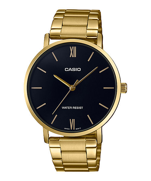 CASIO MTP-VT01G-1BUDF GOLD IP BLACK ANALOG DIAL GOLD IP STAINLESS STEEL BAND MEN'S WATCH A1777