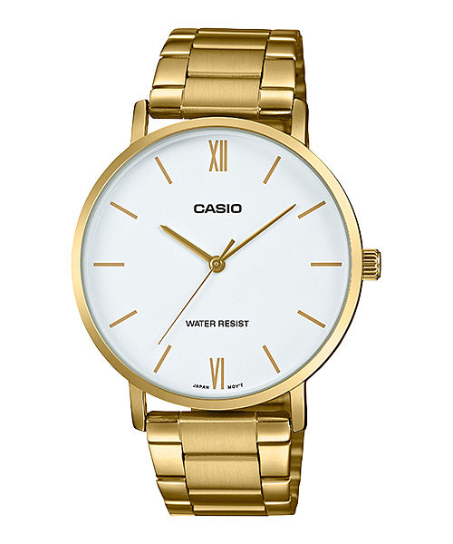 CASIO MTP-VT01G-7BUDF GOLD IP WHITE ANALOG DIAL GOLD IP STAINLESS STEEL BAND MEN'S WATCH A1780