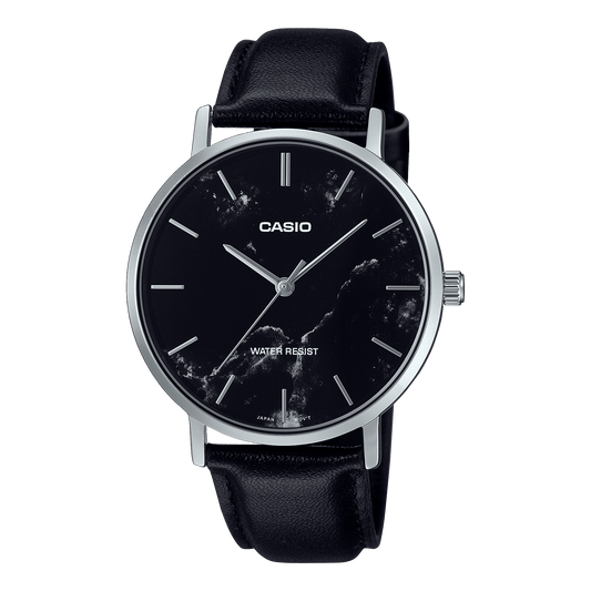 CASIO ENTICER MEN MTP-VT01LM-1AUDF BLACK ANALOG DIAL SILVER LEATHER BAND A2351