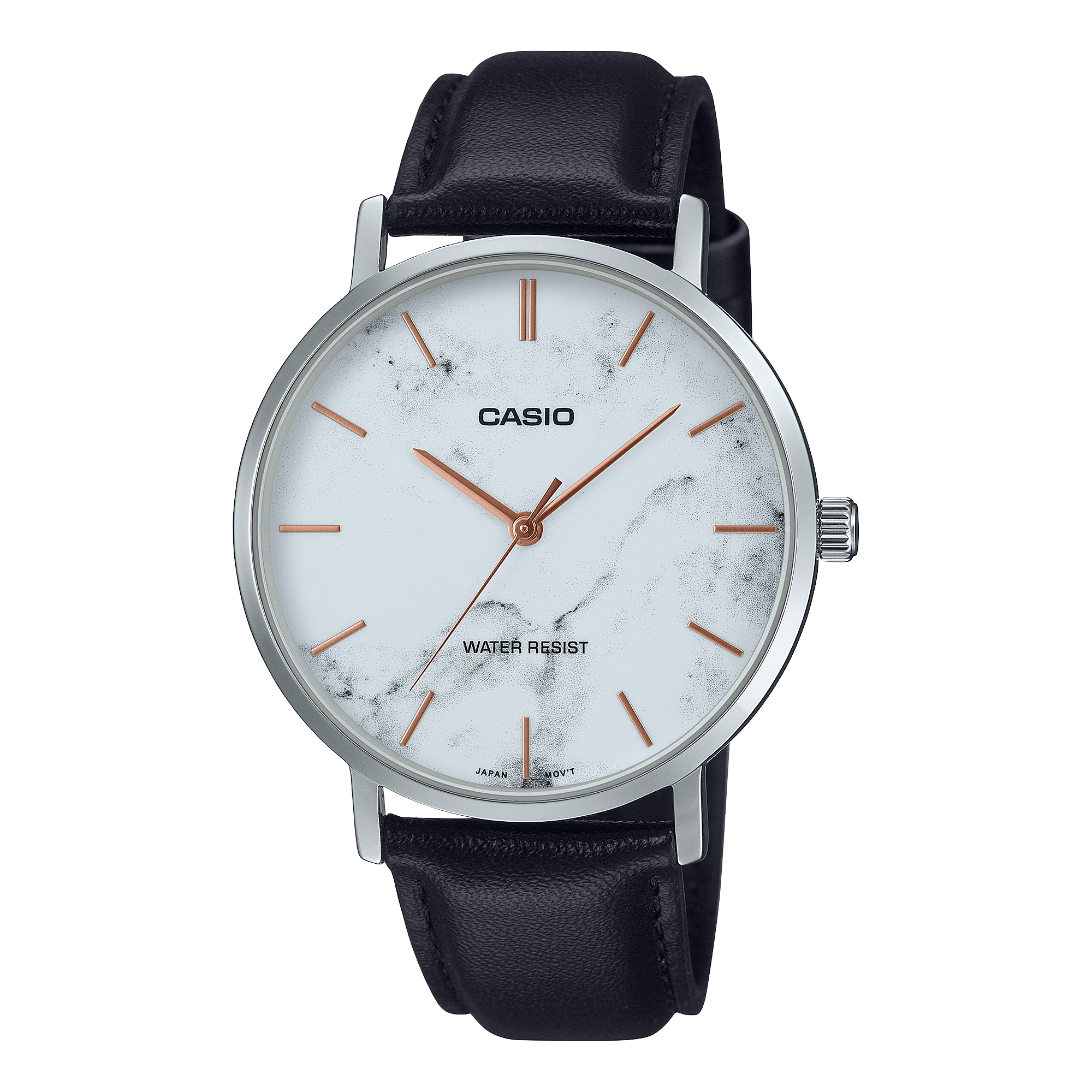 CASIO ENTICER MEN MTP-VT01LM-7AUDF WHITE ANALOG DIAL SILVER LEATHER BAND A2352