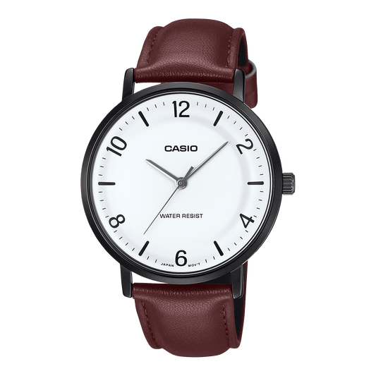 CASIO ENTICER MEN MTP-VT03BL-7BDF WHITE ANALOG DIAL BROWN LEATHER BAND A2410