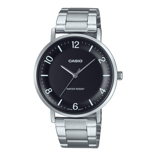 CASIO ENTICER MEN MTP-VT03D-1BDF BLACK ANALOG DIAL SILVER STAINLESS STEEL BAND A2405