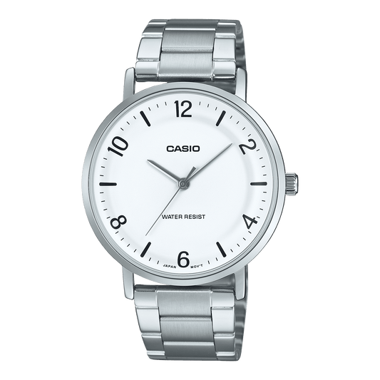 CASIO ENTICER MEN MTP-VT03D-7BDF WHITE ANALOG DIAL SILVER STAINLESS STEEL BAND A2407